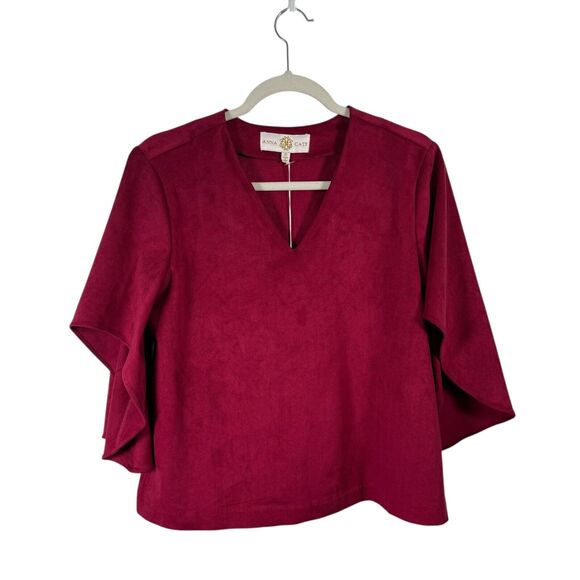 Anna Cate Nina Suede Blouse Beet Red V-Neck Party Office Boho NWT Womens XS - Picture 2 of 8